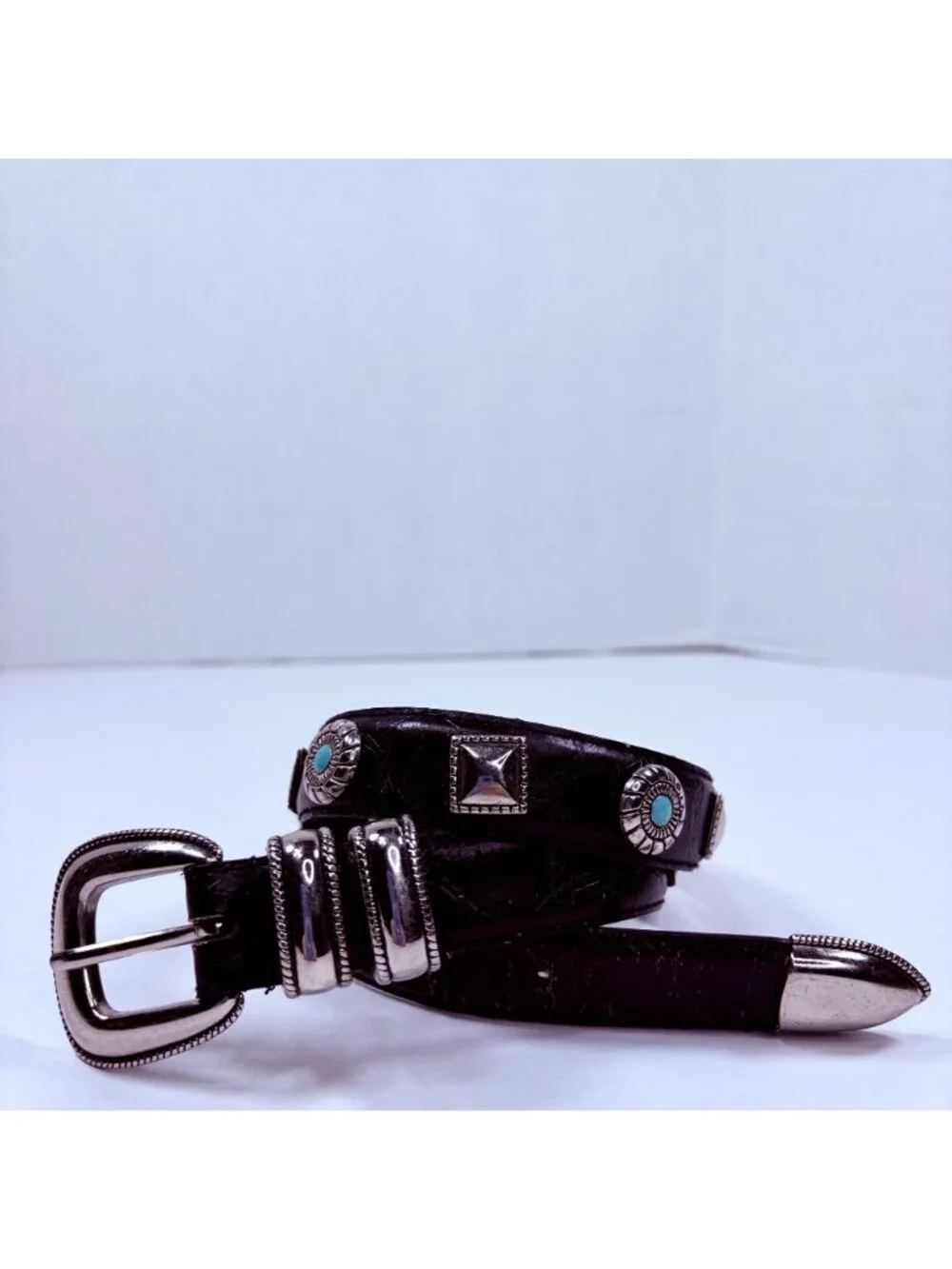 Vintage 80s 90s Western Turquoise Black Leather Kids Belt S / 23